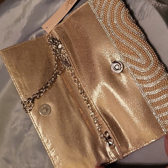 Badgley Mischka Elegant Golden Gem Pearlized Clutch Bag W Chain Shoulder Strap
